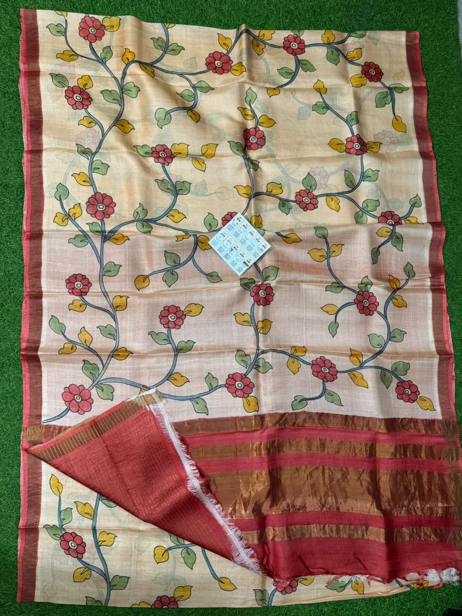 Pure Handloom Tussar Silk Hand Painted Pen Kalmakari Saree